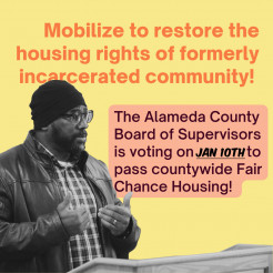 All of Us or None Housing Advocate Taqwaa Bonner featuring on a social media graphic calling for support of the Fair Chance Housing Ordinance vote in January, 2023.